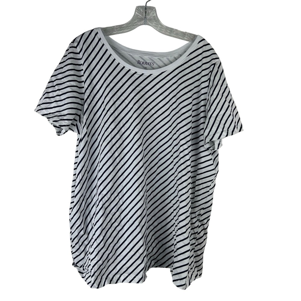 Roaman's Tee Womens 1X 22/24 Short Sleeve Stripe Casual Cotton White Navy EUC
